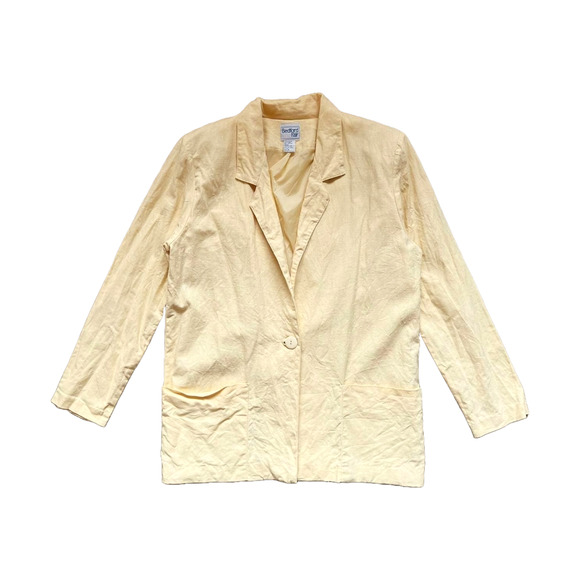 Vtg Womens Linen Blend Blazer Butter Yellow Long Coastal European Quiet Luxury - Picture 1 of 9